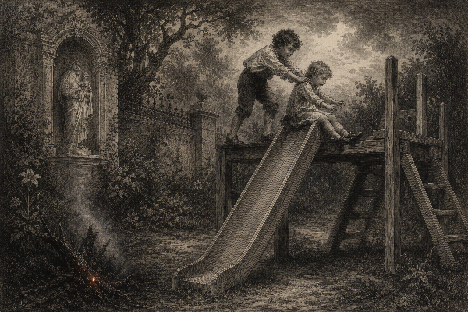 Gravura sépia em estilo antigo: duas crianças em um escorregador de madeira em um jardim murado, com uma pequena brasa junto às raízes e uma imagem sacra ao fundo