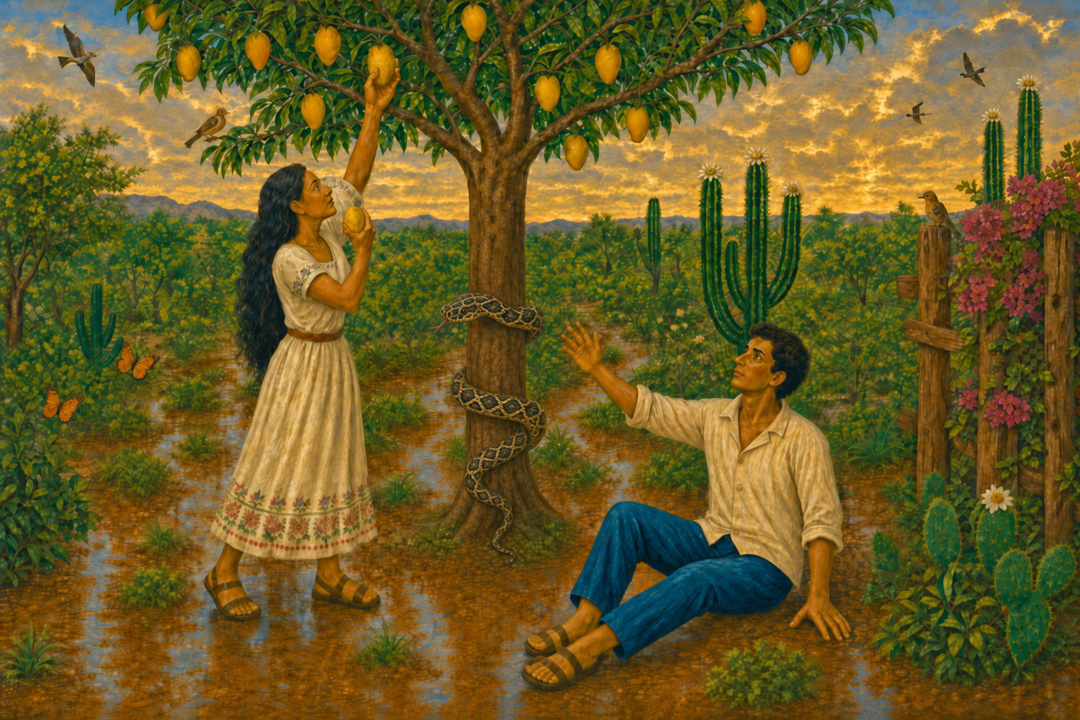 Pintura sacra popular brasileira: Adão e Eva diante da mangueira, serpente no tronco, sertão verde na chuva com borboletas e passarinhos ao fundo
