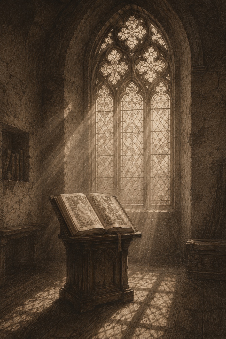 Gravura sépia: janela ogival com vitrais e um manuscrito iluminado sobre lectern de madeira